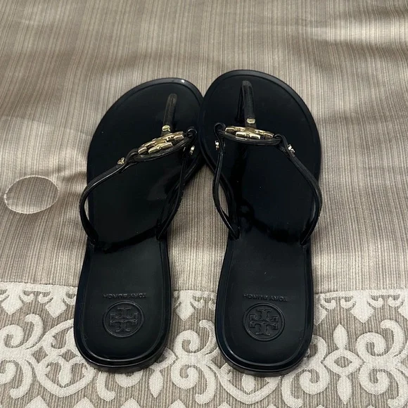 Tory Burch Black Sandals with Gold Emblem - Picture 3 of 5